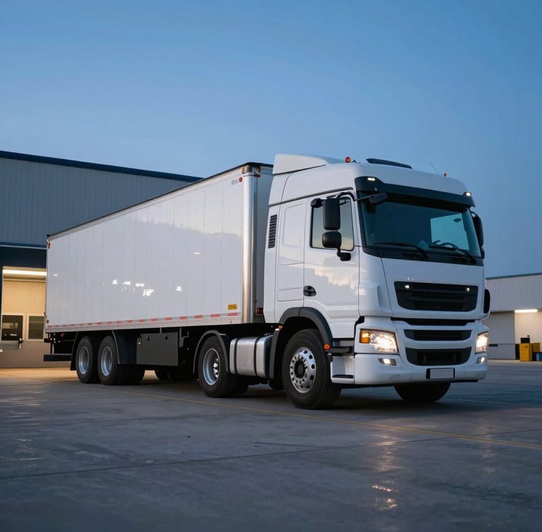 Wide low-angle shot of a pristine white tractor-trailer parked at an active warehouse loading dock during twilight, crisp blue hour lighting reflecting off metallic surfaces.