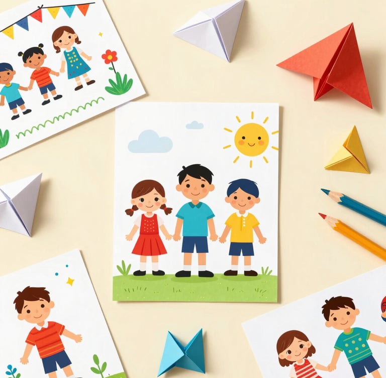 Overhead flat-lay shot of colorful Indonesian elementary student drawings, paper origami, and colored pencils on a warm cream surface, bright morning sunlight