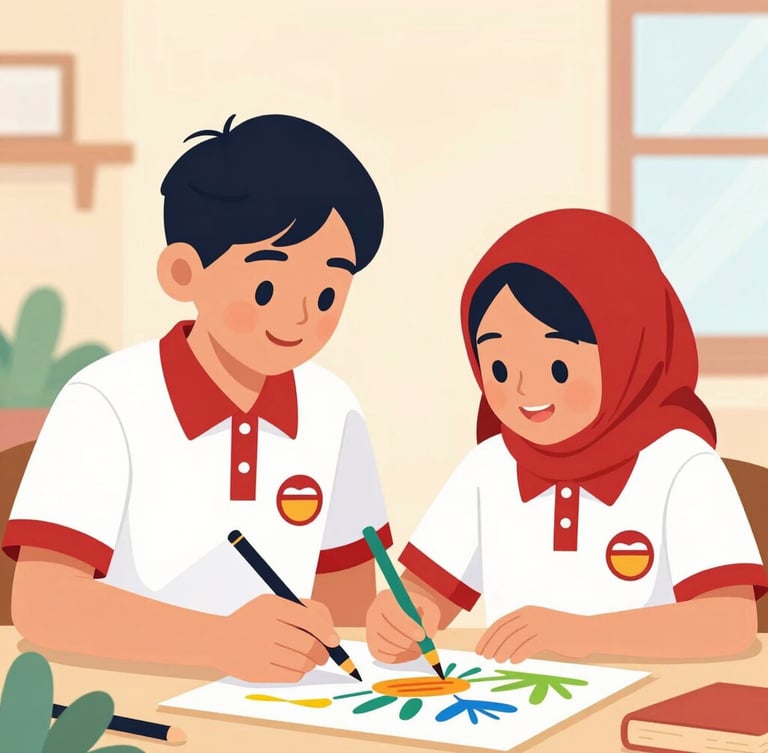 A portrait shot of two smiling Indonesian elementary school students, a boy and a girl in red-and-white uniforms, collaborating on a colorful painting, bright warm sunlight