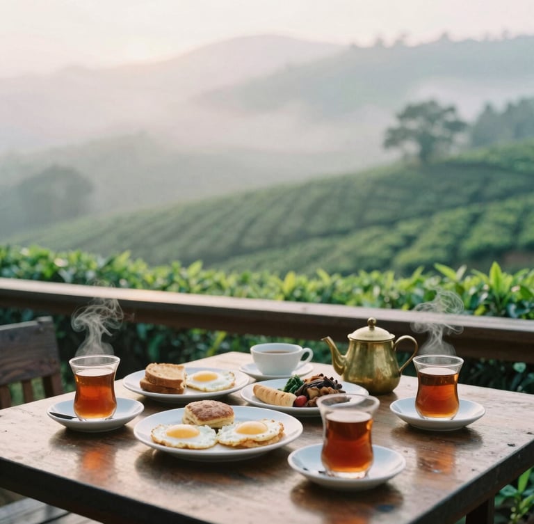 Fresh local breakfast spread on a wooden table on the verandah, steaming cups of Nilgiri tea, background of misty green tea gardens, soft morning light, 35mm film.