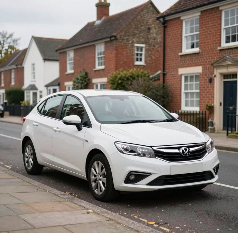A clean, modern private hire car parked on a quiet residential street in Bishop's Waltham, soft overcast morning light, realistic natural colors, 35mm lens.