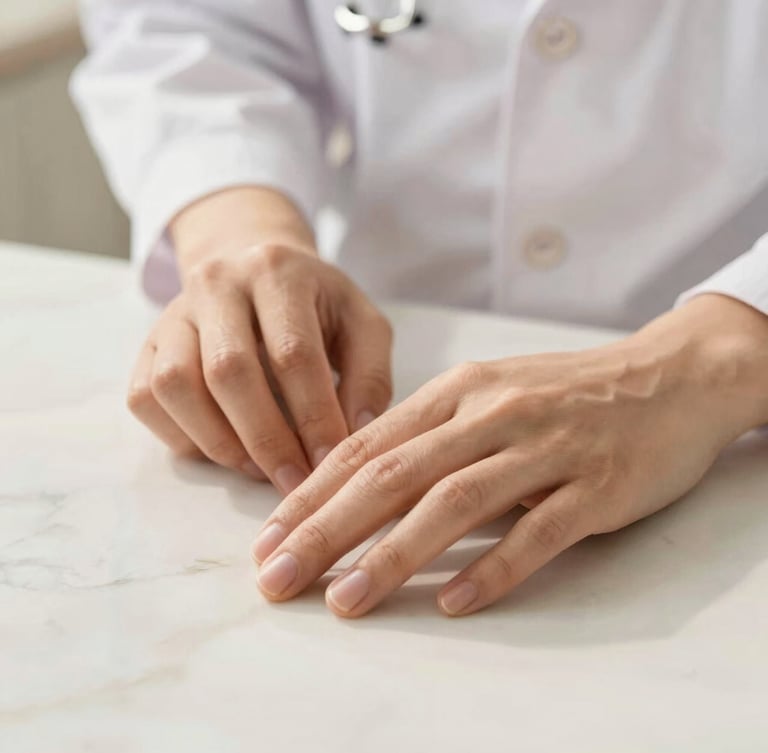 Soft close-up of a doctor's hands in a precise, gentle movement over a clean marble surface, warm diffused daylight, elegant and professional atmosphere.