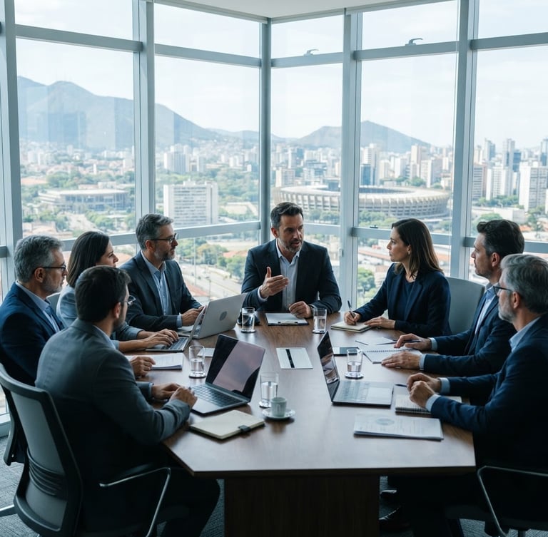 Strategic board meeting in Belo Horizonte, modern glass office, cool natural window light, professional executives discussing operations, professional editorial style, 35mm lens