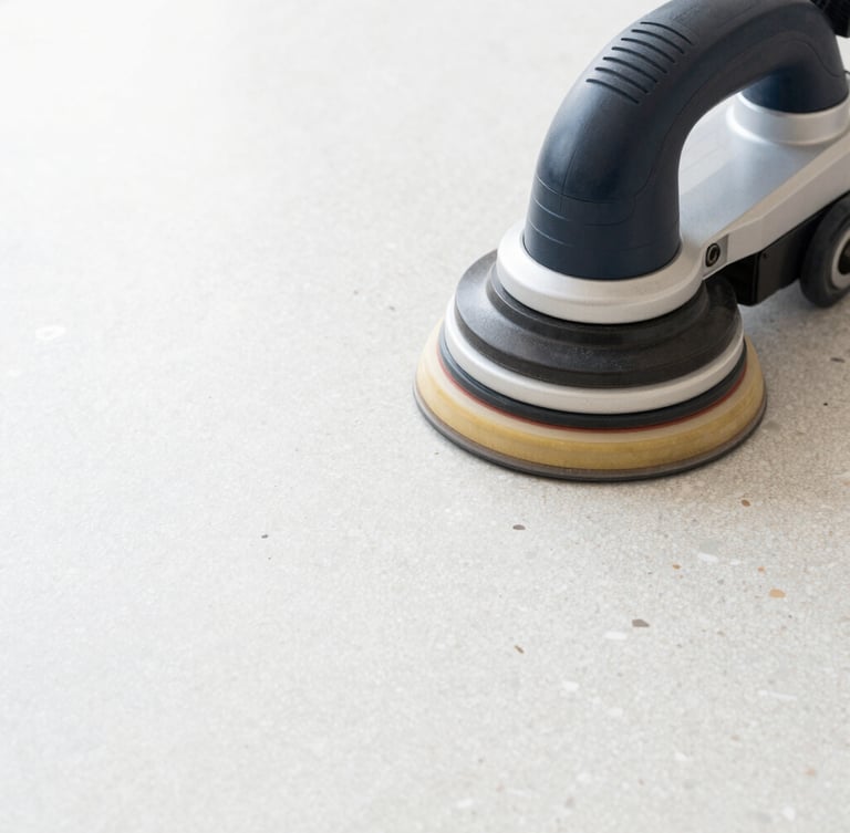 Macro detail of professional floor buffing equipment on a pristine terrazzo floor, bright cool natural light, sharp focus, 35mm