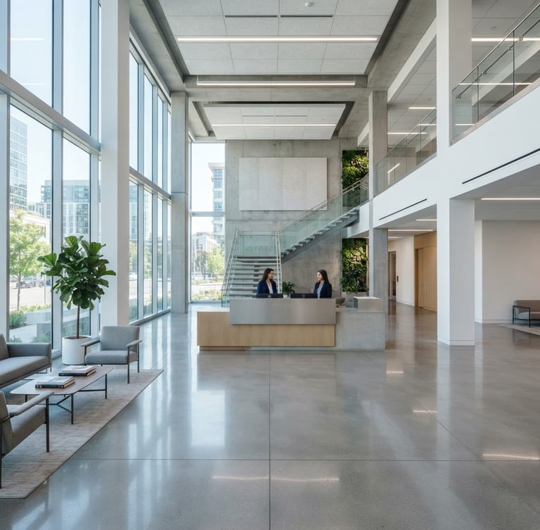 Straight-on architectural shot of an immaculate modern office lobby with polished concrete floors, cool natural light streaming through large windows, sharp focus, 35mm