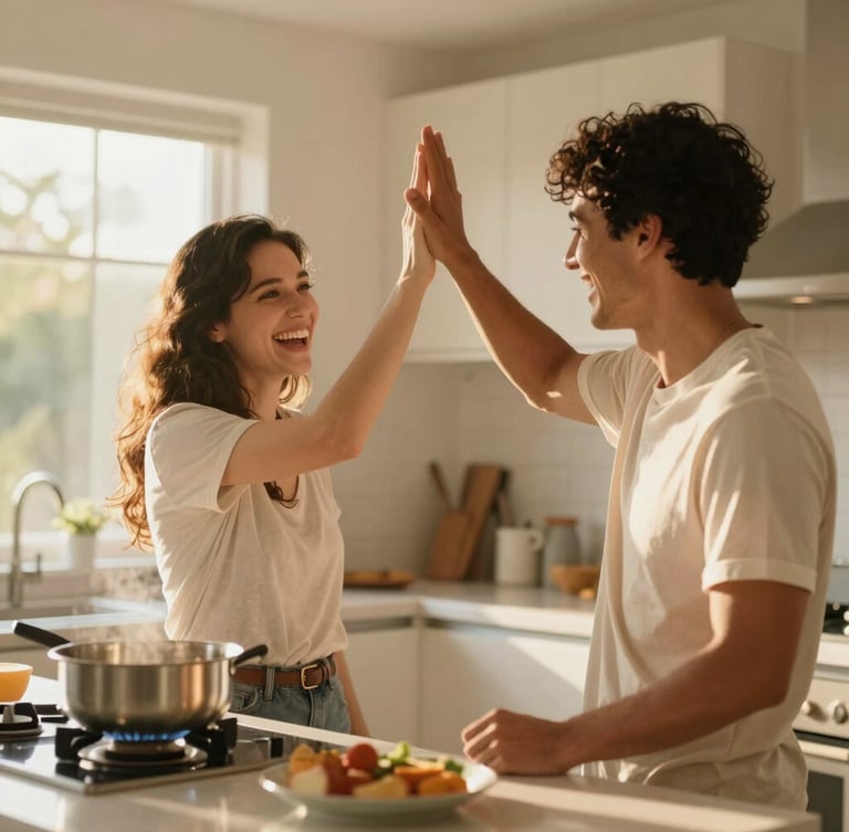 Medium shot of a modern couple cooking together in a sun-drenched kitchen, laughing and high-fiving over a shared meal, warm golden light, natural and candid.
