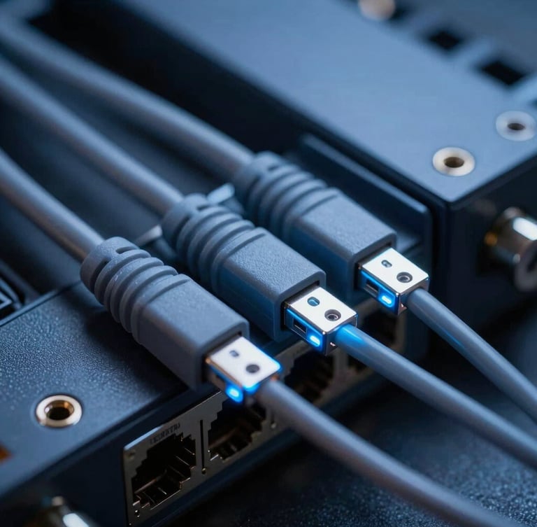 Macro close-up of high-end networking hardware, sleek fiber optic cables glowing with cool blue light, sharp focus, technical corporate aesthetic.