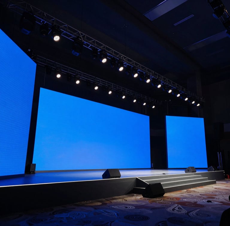 Dramatic wide-angle shot of a large corporate stage with sharp blue LED screens and professional lighting rigs, deep shadows, high-contrast