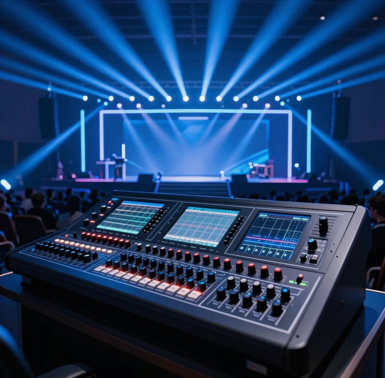 Sleek professional AV soundboard in foreground, dramatic electric blue stage lighting in background, crisp details, wide-angle venue perspective