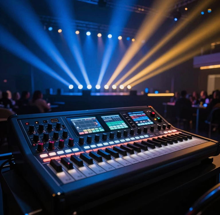 Sleek professional soundboard and lighting controller in a dark venue, vibrant blue and amber stage lights glowing in the background, high-contrast dramatic event setup