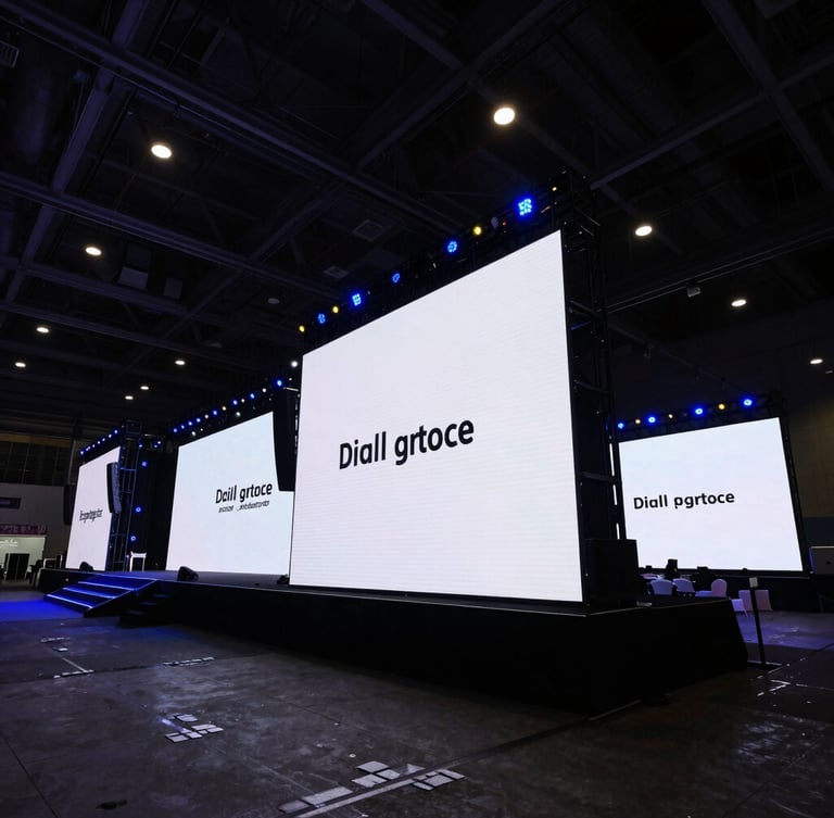 Wide-angle environmental shot of a massive corporate convention hall, crisp LED screen setups, dramatic stage illumination with deep shadows