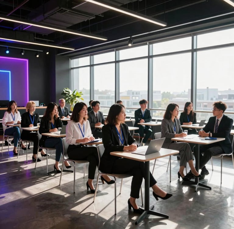 Structured corporate team building workshop inside a modern venue, dramatic window light, focused professional atmosphere