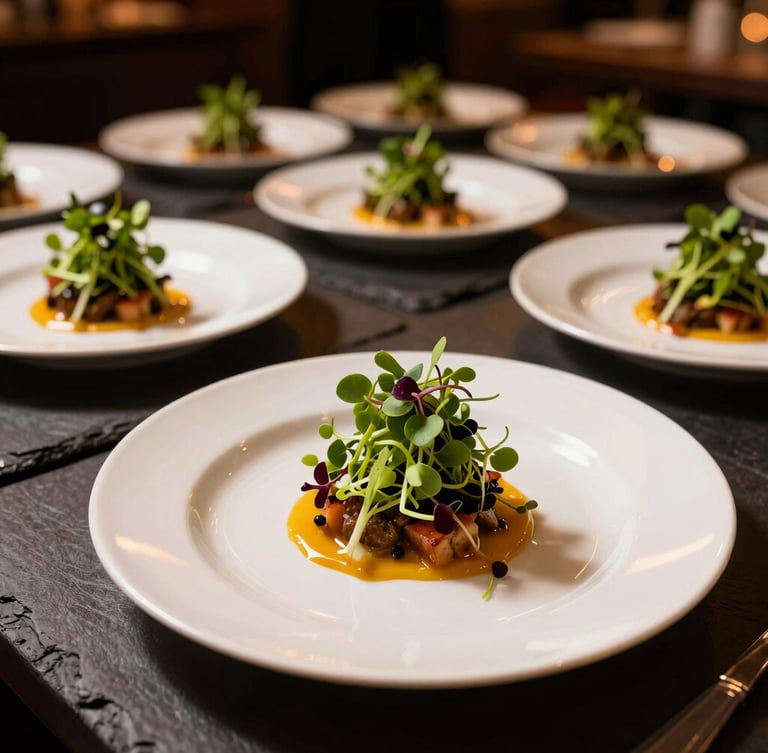 Close-up of elegant corporate lunch plates, vibrant microgreens, dramatic dark slate background, warm amber lighting highlights, professional culinary art