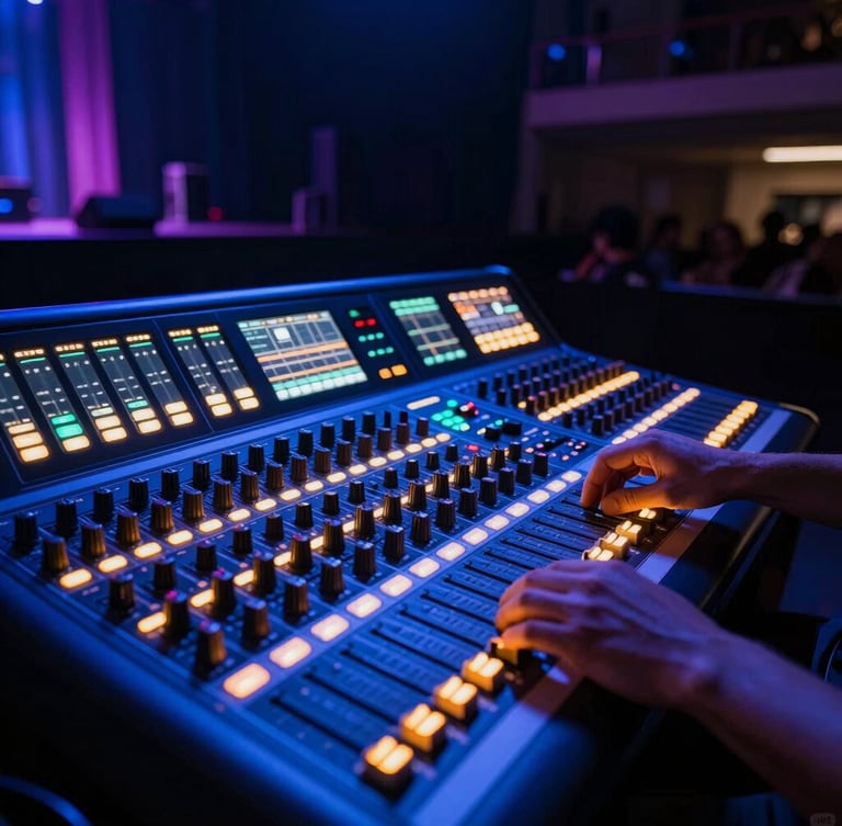 Portrait shot of a professional digital audio mixing console, vibrant blue and amber glowing status lights, sound technician's hands subtly visible adjusting a slider, dark event venue background with deep shadows.
