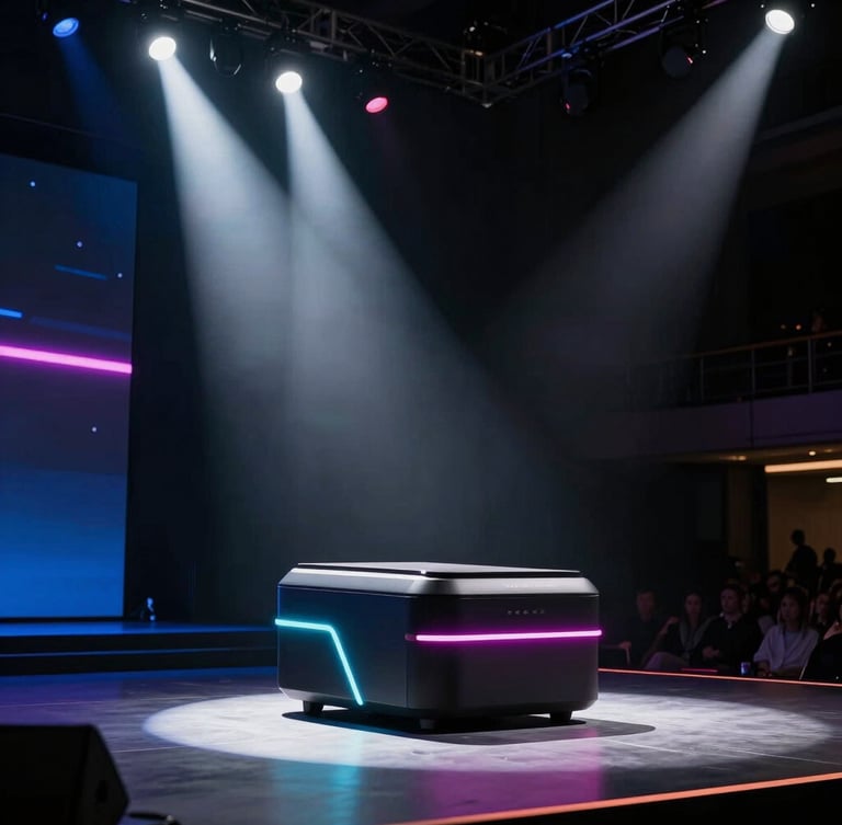 Sleek new product on a stage under high-contrast spotlight, vibrant neon highlights, deep shadows, dramatic event photography