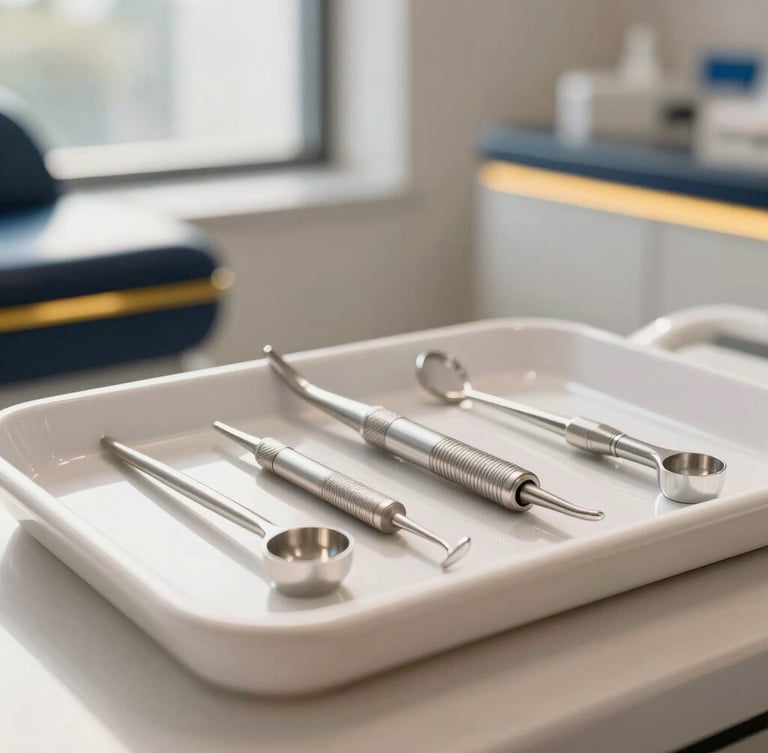 Macro close-up of state-of-the-art dental instruments on a sterile white tray, soft warm sunlight, shallow depth of field, luxury dental clinic interior with navy and gold accents.