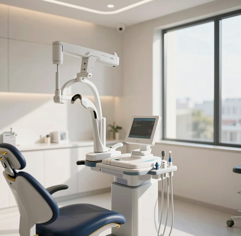 Pristine sunlit dental clinic interior in DHA Lahore, high-tech diagnostic equipment, clean architectural lines, warm natural light, shallow depth of field
