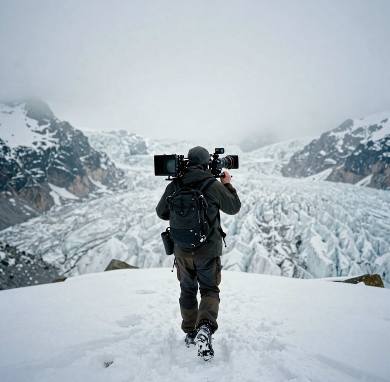 Behind-the-scenes anamorphic shot of a filmmaker carrying heavy camera gear on a snowy ridge, wind-swept glacier background, moody overcast light, 35mm.