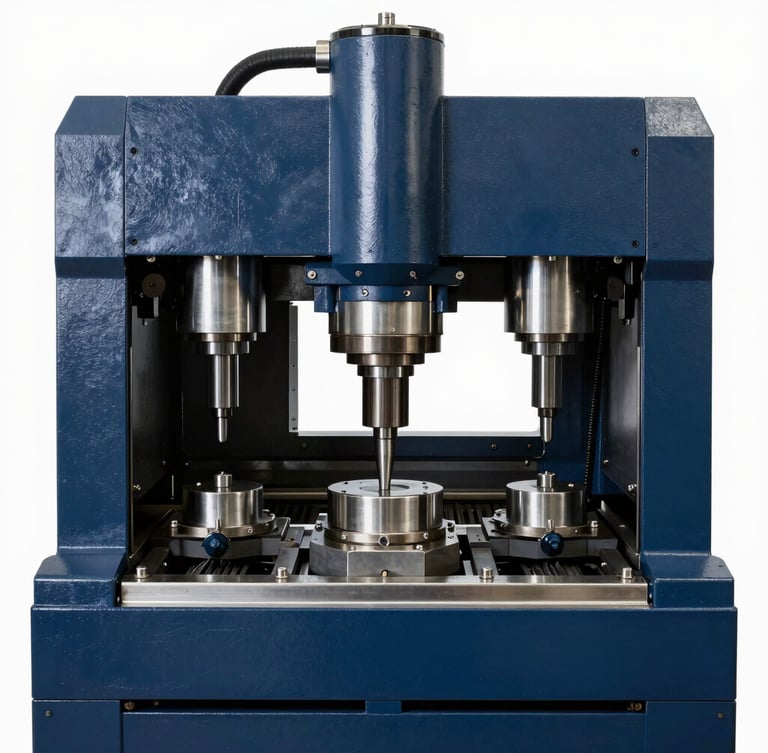 Industrial machinery photography of a triple-station CNC busbar processing machine, cool-toned studio lighting, deep blue and metallic steel tones, sharp focus on the punching and bending cylinders