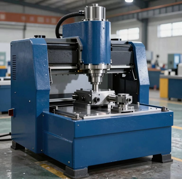 Heavy CNC busbar machine on factory floor, sharp industrial studio lighting, deep blue and metallic steel tones, sharp focus, 50mm