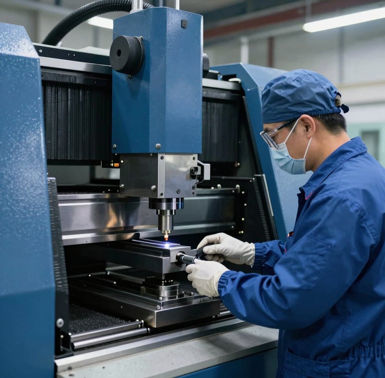Industrial engineer in protective gear testing a CNC bending machine on-site, cool-toned industrial lighting, sharp focus, 50mm