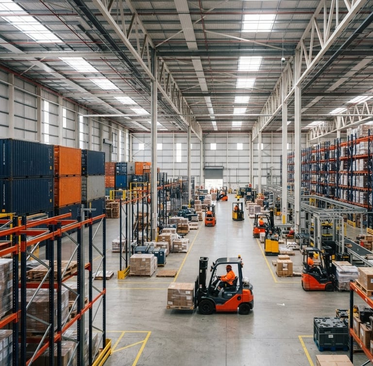 Wide shot of a modern, well-lit logistics warehouse interior with stacks of shipping containers and forklifts in motion, sharp industrial photography, bright midday sun, deep navy and high-visibility orange accents, crisp details, 35mm.