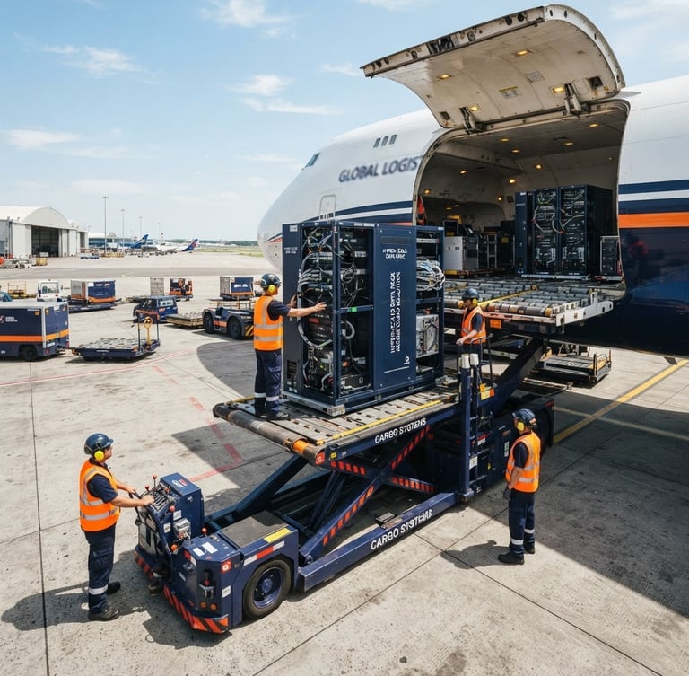 Wide panoramic shot of high-tech server racks being carefully loaded into a secure, temperature-controlled cargo aircraft, sharp industrial photography, bright midday sun, deep navy and high-visibility orange accents, crisp details, 35mm.
