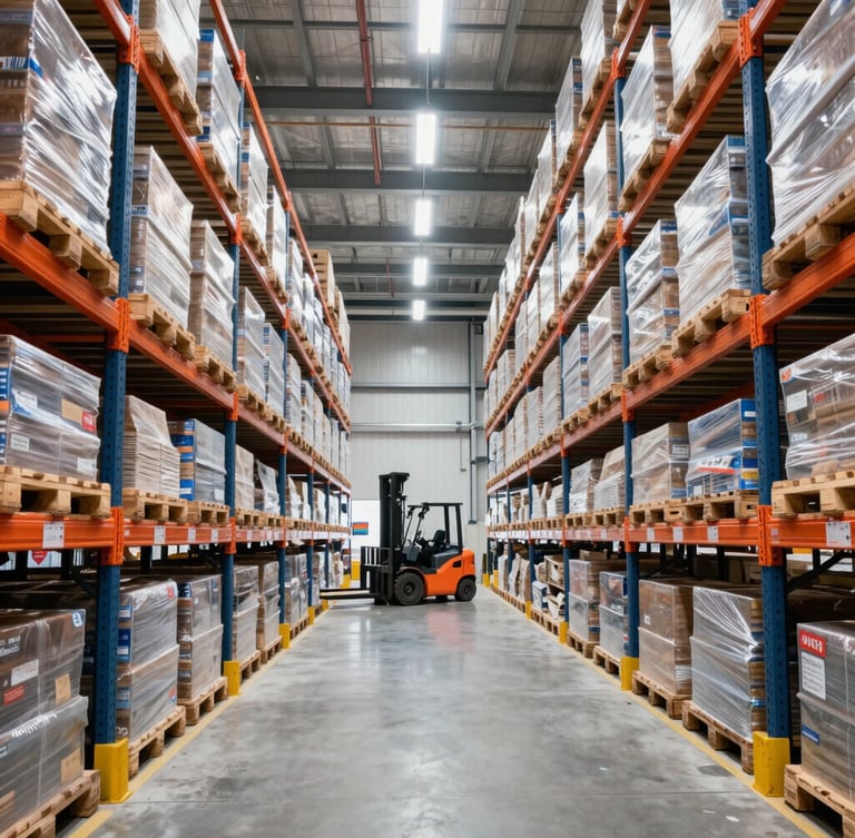 Modern logistics warehouse interior, high ceilings, organized racks of pallets, a forklift operating in the distance, bright industrial lighting, sharp details
