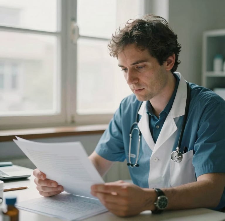 A thoughtful doctor-founder in a modern clinical study, reviewing research papers under soft natural window light, warm editorial 35mm photography, shallow depth of field