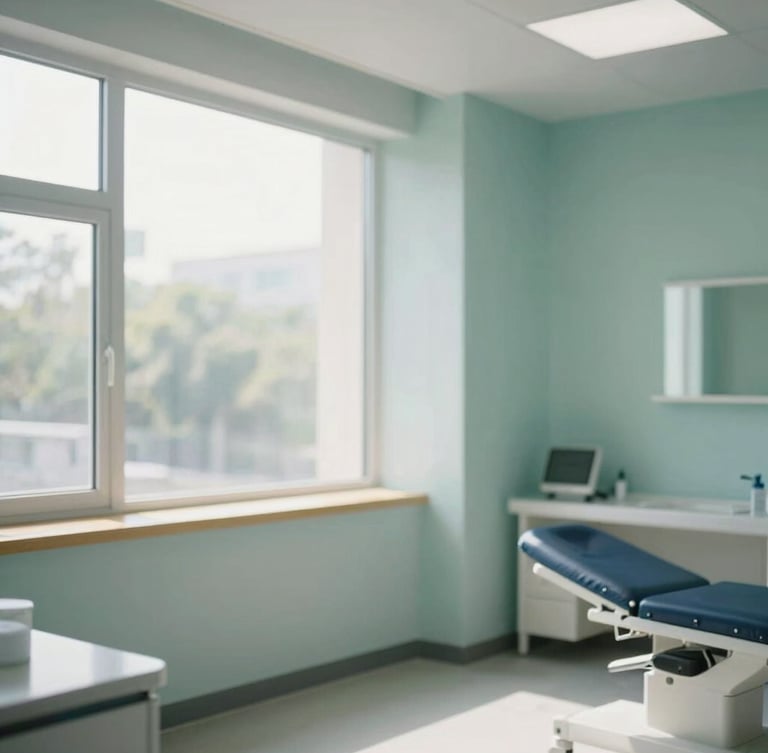 A bright, clean modern clinic interior with natural daylight streaming through large windows, minimalist design, soft teal accents, 35mm