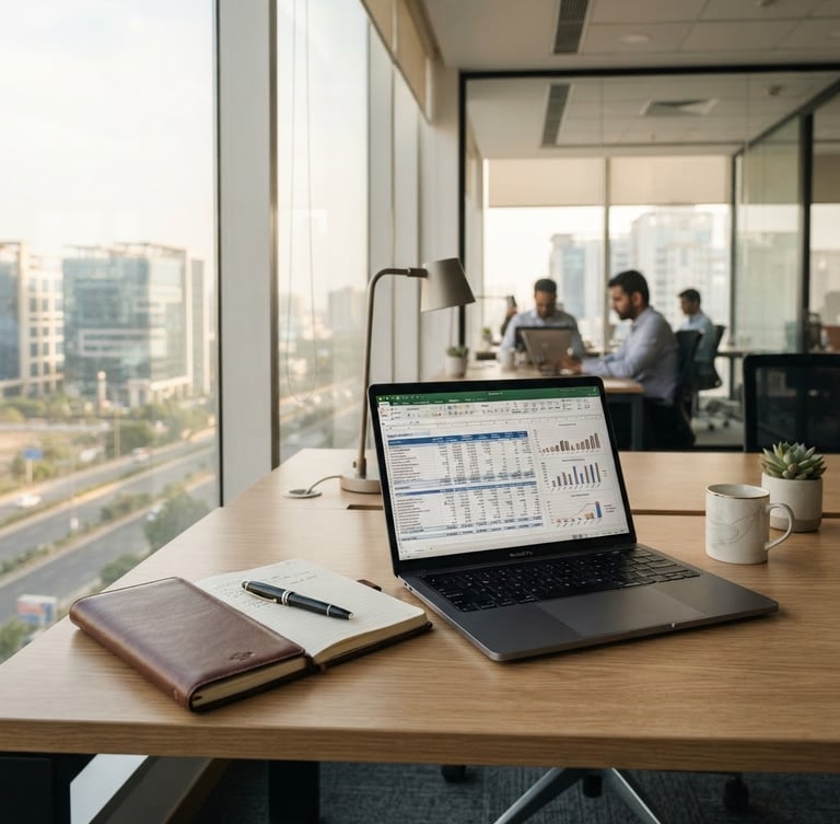 A clean modern corporate desk in Gurugram, a leather notebook, a laptop displaying financial ledgers, warm window light, 50mm lens