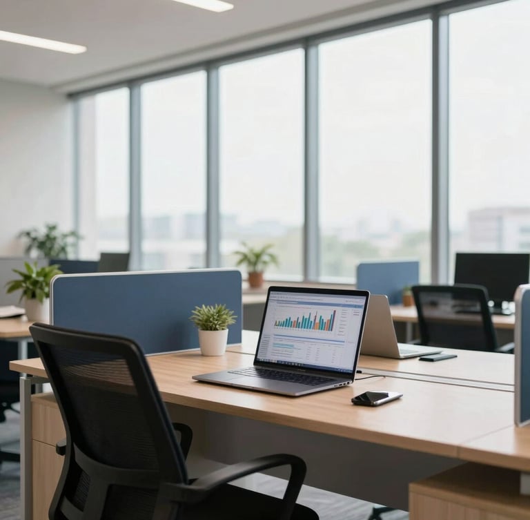 Modern office interior in Gurugram, bright natural light streaming through large windows, clean desk setup with a laptop showing financial charts, professional editorial photography.