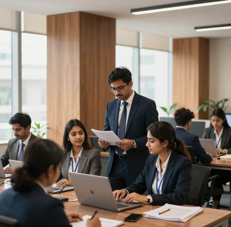 Bustling Bengaluru office environment with professional advisors working collaboratively, warm wood accents, soft natural light, professional editorial photography.