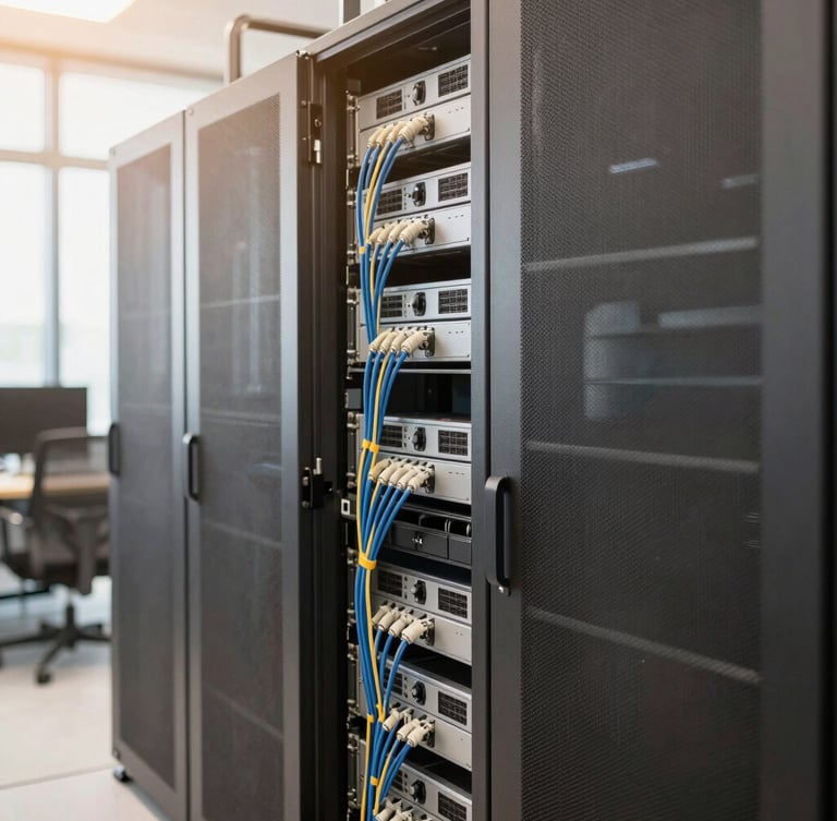 Clean server racks with neat cabling in a bright modern server room, soft warm tones, natural light, editorial style