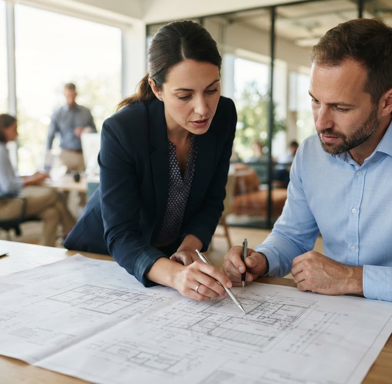 Real engineer collaborating over blueprints in a bright modern office with natural daylight, detailed close-up, 35mm lens