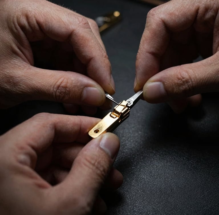 Macro shot of a jeweler's hands meticulously filing a gold hinge, dramatic side-lighting, deep shadows, metal textures visible, on a dark workbench.