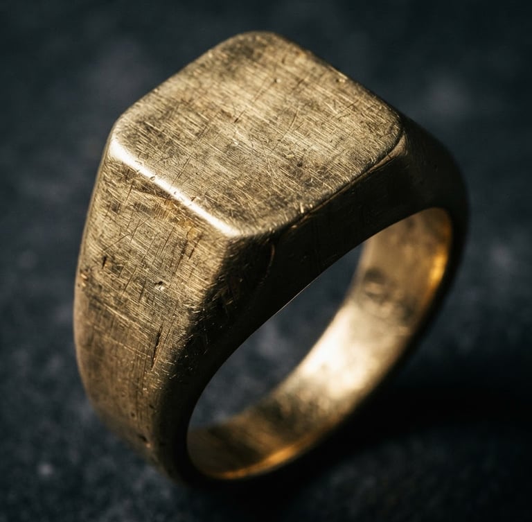 Extreme macro close-up of a heavy gold signet ring, showing visible tool marks and brushed metal texture, dramatic directional side-lighting, deep shadows, dark charcoal background, 50mm lens