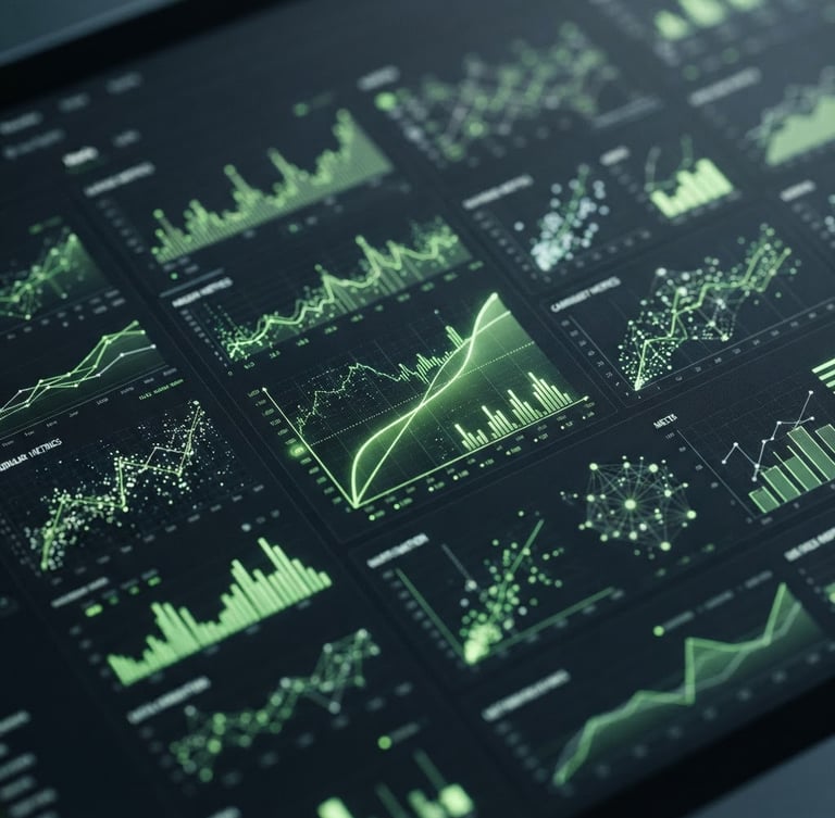 Macro 35mm photograph of high-resolution analytics dashboard, crisp studio light, deep charcoal interface with sharp lime green metrics, cool ambient fills.