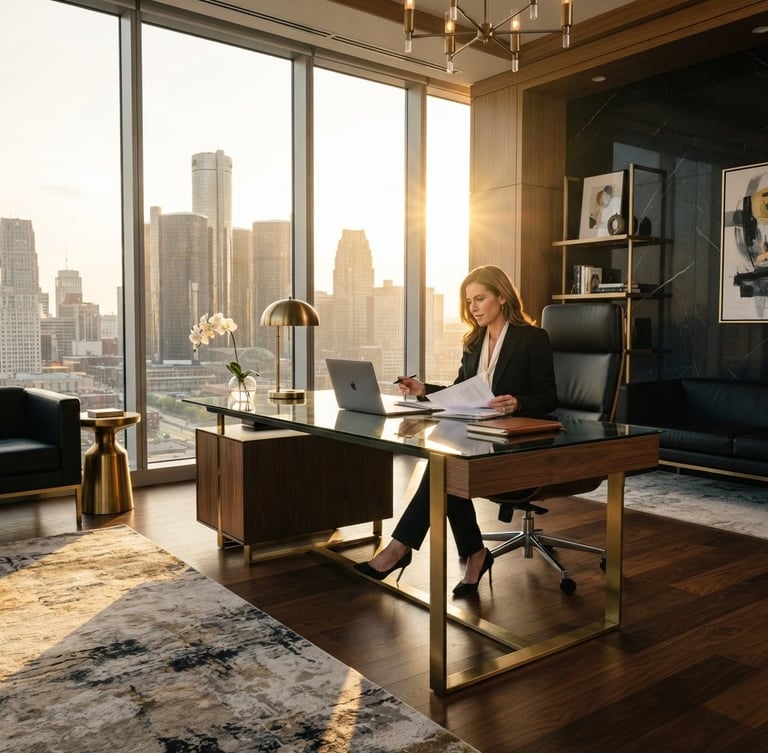 Wide-angle luxury editorial photograph of a high-shine modern executive office in Detroit, warm golden sunlight streaming through floor-to-ceiling windows, sharp corporate chic aesthetic.