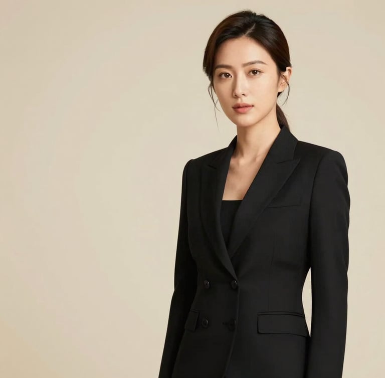 Professional portrait of a female executive in tailored black corporate attire, crisp studio lighting with warm gold undertones, clean ivory background, 35mm lens