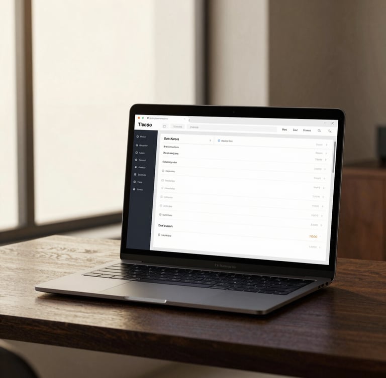 Sleek modern device displaying a clean business dashboard on a dark oak desk, warm window light, high-contrast corporate chic, editorial photography.