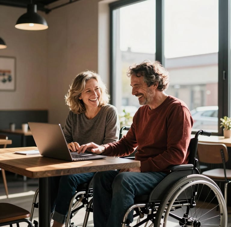 Eye-level candid shot of two disabled adults laughing while collaborating over a laptop in a sunlit modern co-working space, warm window light, rich high-contrast tones.