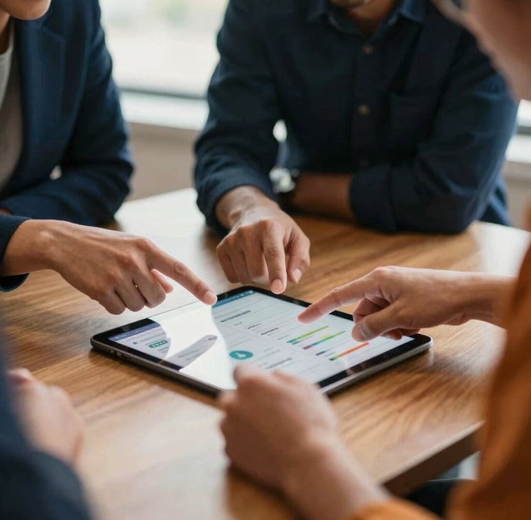 A close-up of a collaborative meeting in St. Louis, hands pointing at a digital dashboard on a tablet showing community assets, warm lighting.