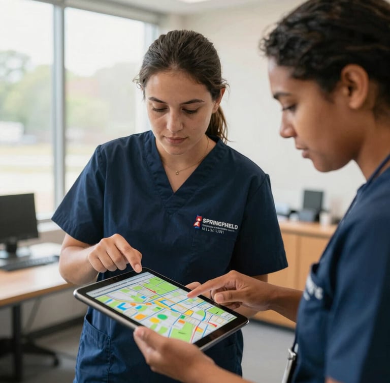 A close-up shot of two nonprofit researchers analyzing a colorful digital map on a tablet in a sunlit community office in Springfield, Missouri.