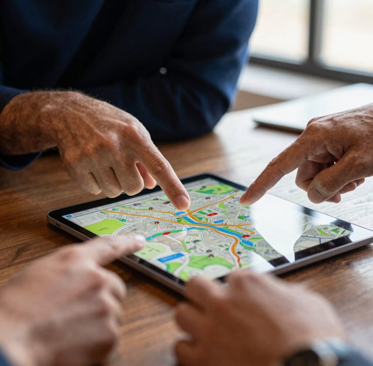 A close-up of hands pointing at a colorful digital map on a tablet during a community planning meeting, warm editorial style, natural light.