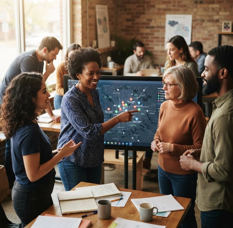 A collaborative workshop in Kansas City, where community organizers gather around a large touchscreen display showing a digital map of local food access points, warm natural light.