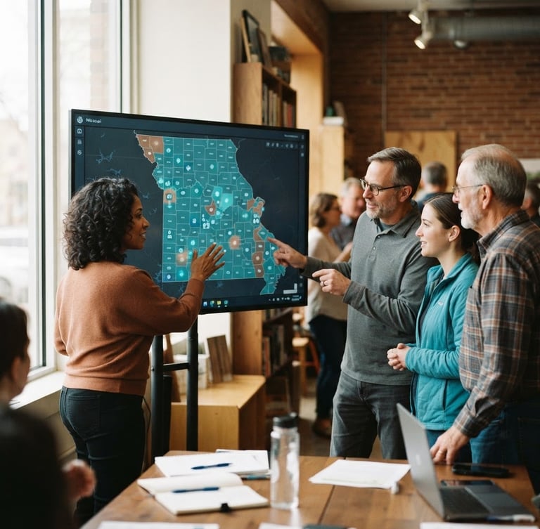 A collaborative community data workshop in Missouri, local leaders gathered around a digital map on a screen, warm natural light from a window, shallow depth of field, turquoise and copper tones.