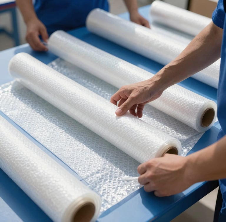 Close-up of professional packers wrapping fragile household items with heavy-duty stretch film and bubble rolls, bright daylight, high contrast blue and white tones.