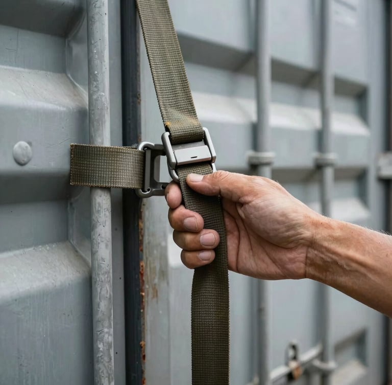 Close-up of a rugged hand securing heavy cargo straps inside a metal shipping container, industrial lighting, focus on the tension buckle.