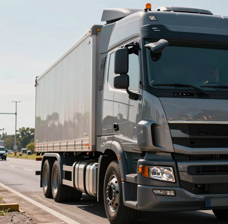 A close-up of a heavy-duty transport truck cabin reflecting bright highway daylight, parked securely at a border checkpoint
